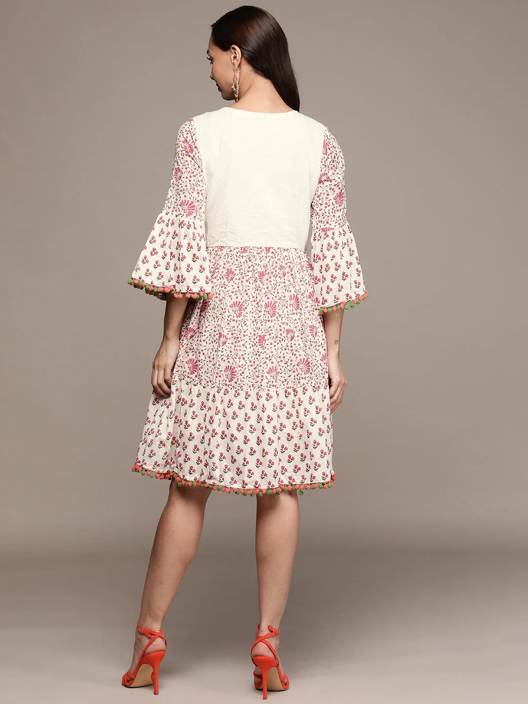 Ishin Women's Cream Embroidered A-Line Dress