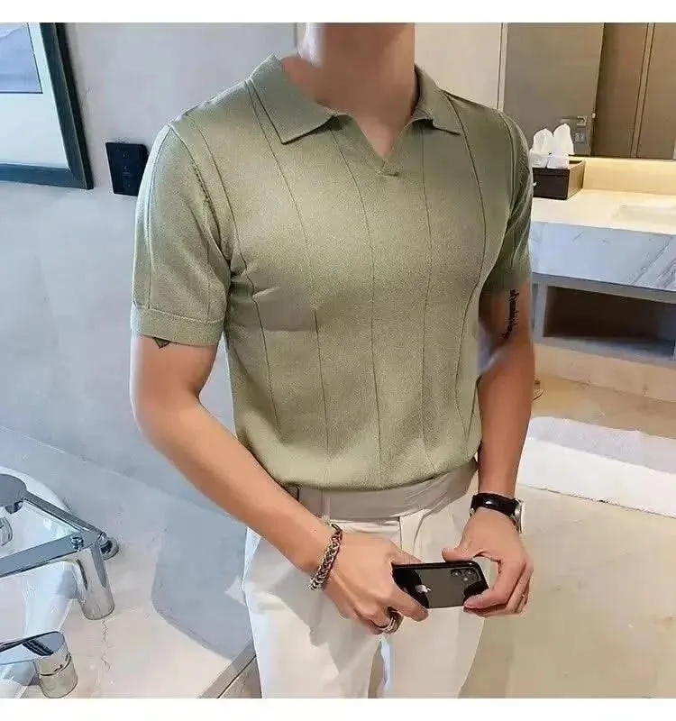 Luxurious Ice Silk V-Neck Polo Shirt for Men