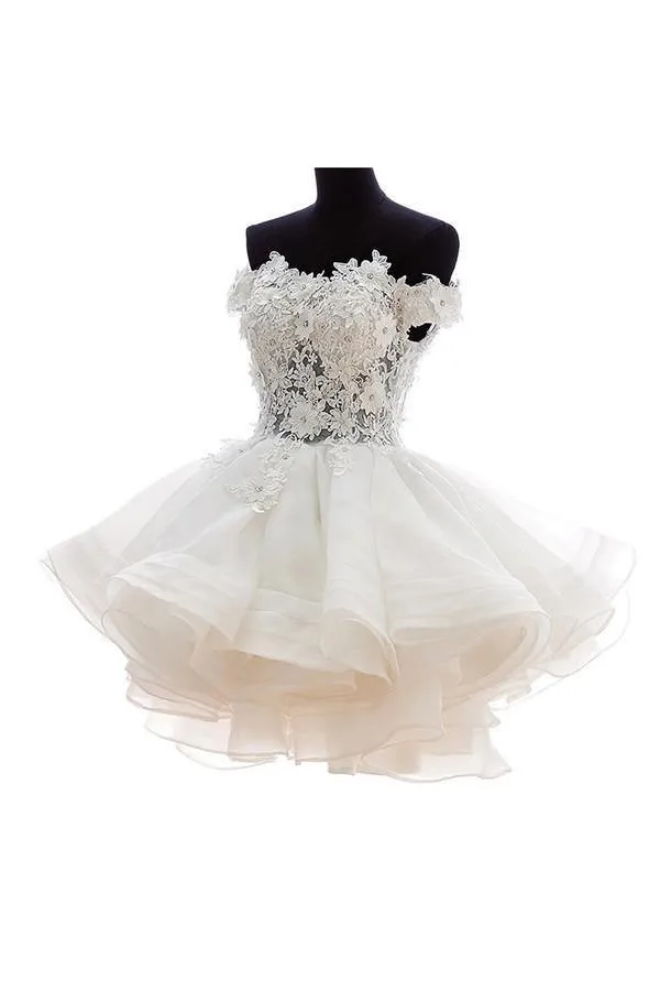 Off-Shoulder Knee Length Organza Lace Homecoming Dress With Beads TR0140