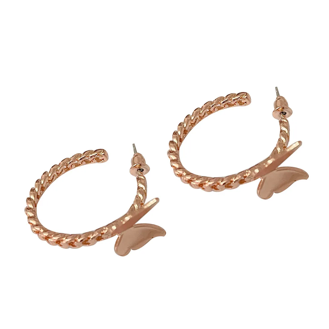 TRENDY ROSE GOLD-TONED BUTTERFLY STUDDED METALLIC TWISTED OPEN-HOOP EARRINGS