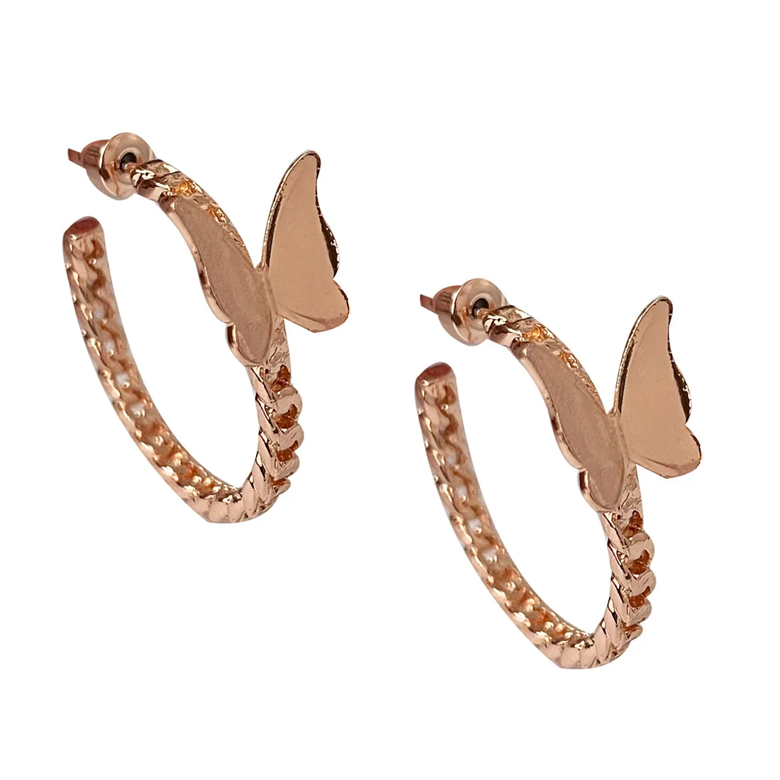 TRENDY ROSE GOLD-TONED BUTTERFLY STUDDED METALLIC TWISTED OPEN-HOOP EARRINGS