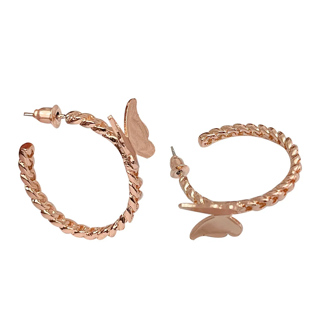 TRENDY ROSE GOLD-TONED BUTTERFLY STUDDED METALLIC TWISTED OPEN-HOOP EARRINGS