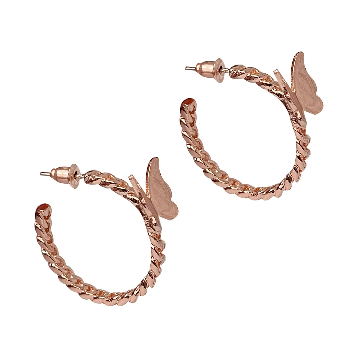 TRENDY ROSE GOLD-TONED BUTTERFLY STUDDED METALLIC TWISTED OPEN-HOOP EARRINGS