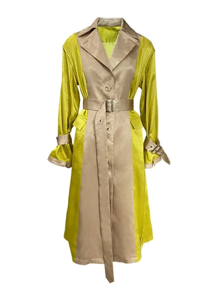 Vintage Trench Coat For Women Notched Collar Long Sleeve Patchwork Colorblcok Casual Coats Female  Autumn Clothing