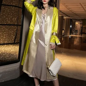 Vintage Trench Coat For Women Notched Collar Long Sleeve Patchwork Colorblcok Casual Coats Female  Autumn Clothing